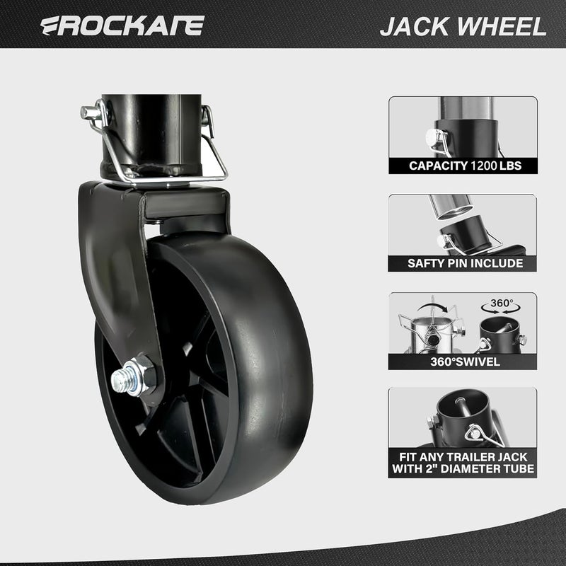 rockane Black 6'' Black Trailer Jack Swivel Caster Wheel Replacement, Heavy Duty 1200lbs Capacity with Pin for Soft Ground Roll, Fits Any Boat Hitch Camper RV- Black - Image 3